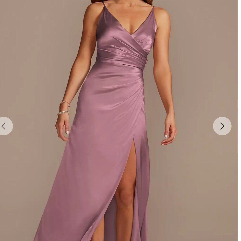 David's Bridal Pink Ruched Wrap Gown for Wedding Guests